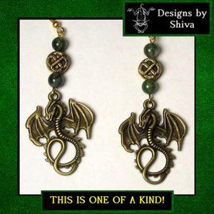 Dragon & Celtic Knot Moss Agate Gemstone Earrings